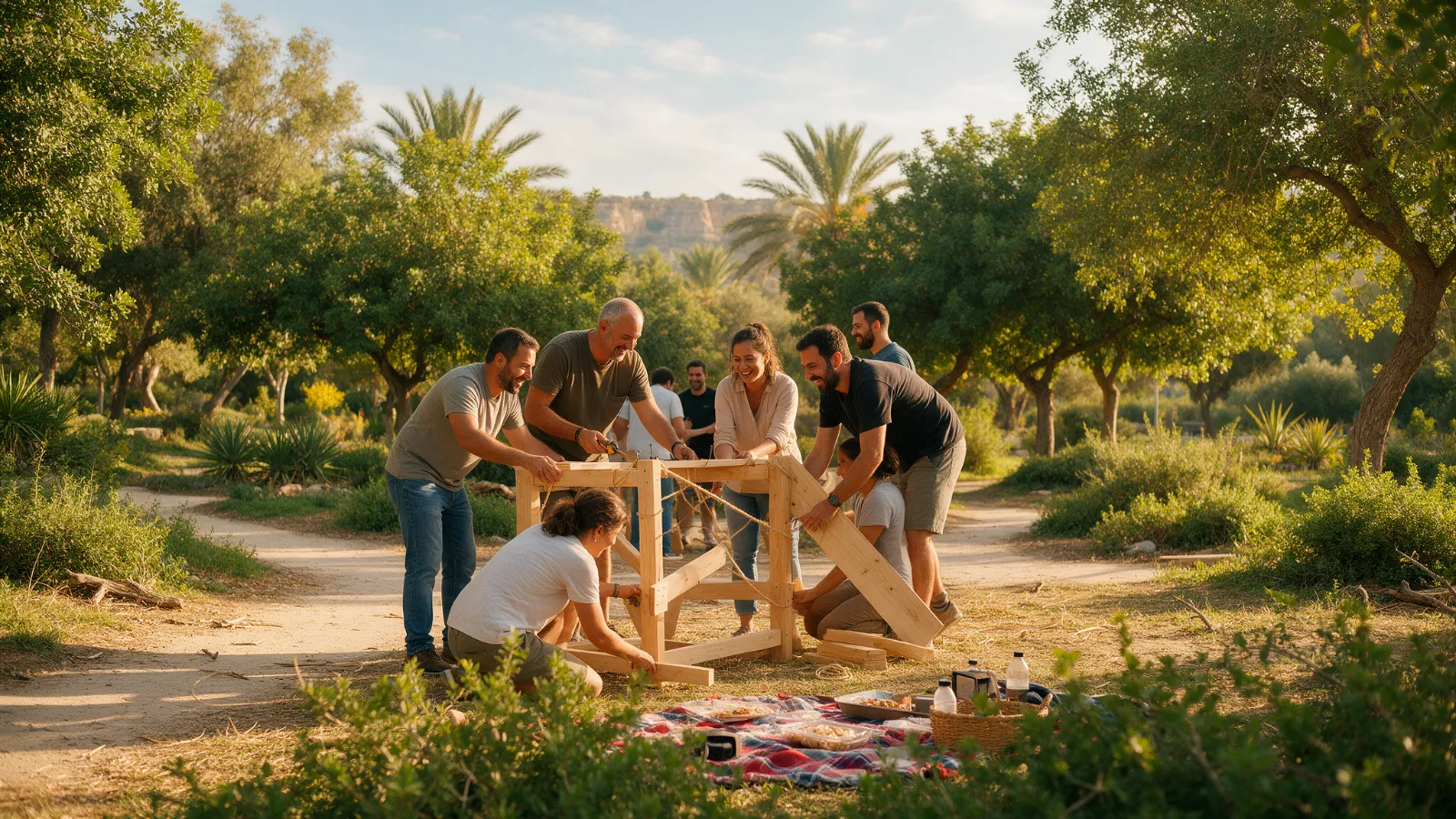 צוות עובדים בונה יחד מבנה עץ בפעילות גיבוש בפארק
