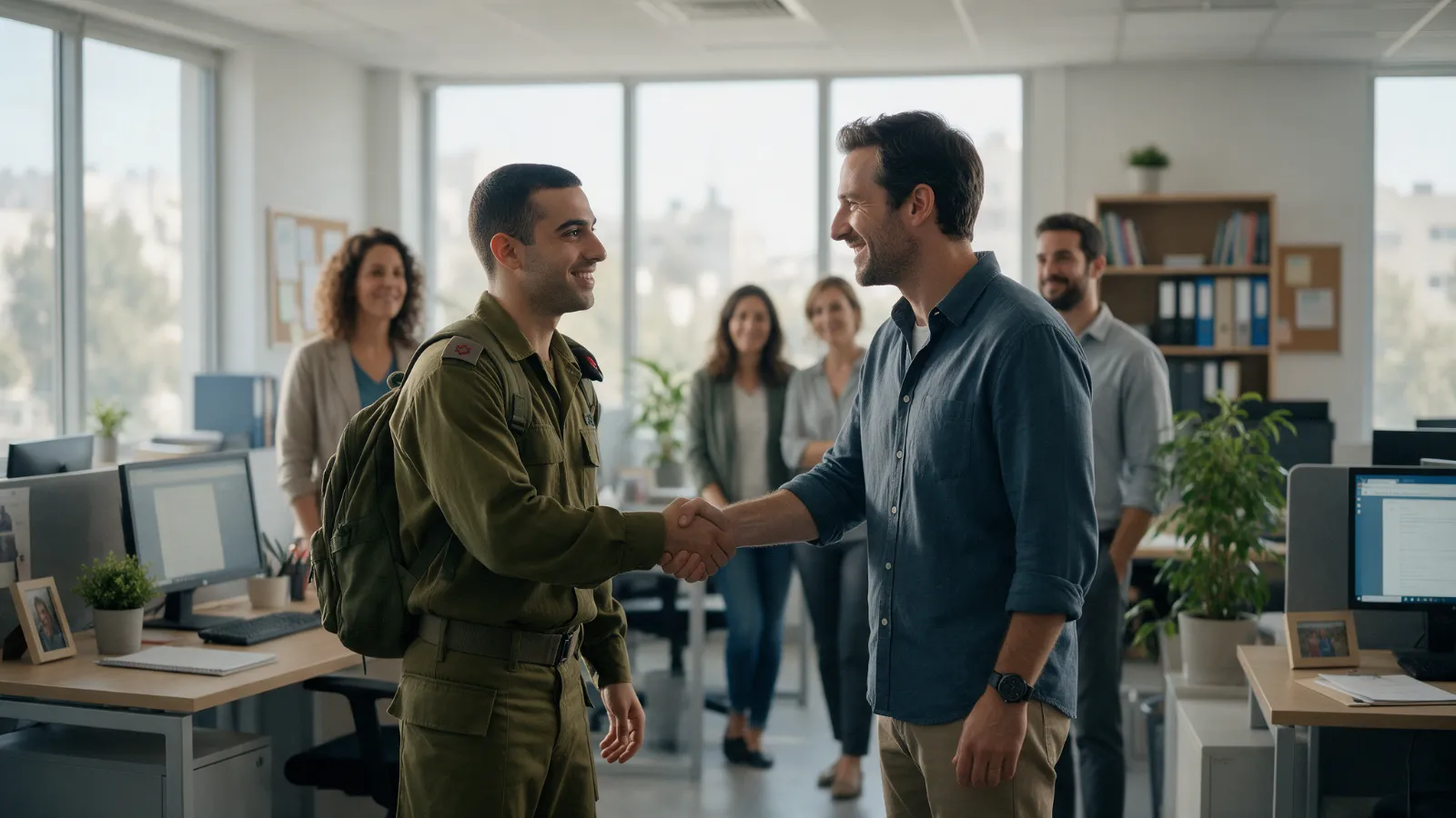 עובד במדי מילואים לוחץ יד למנהל שלו לפני יציאה לשירות